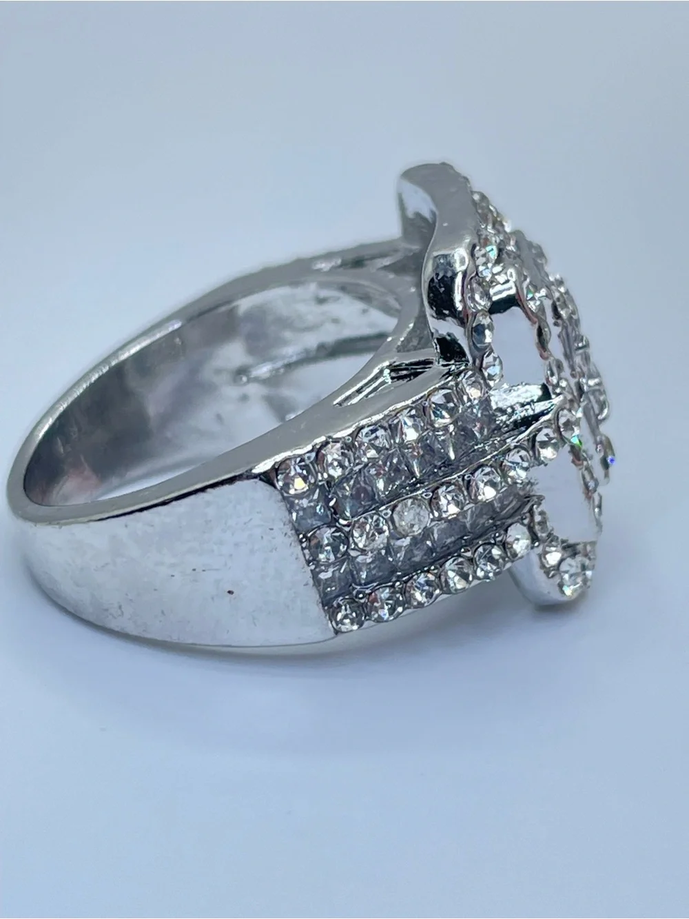 Pave Diamond White CZ Cluster Statement Ring Silver Bold Square Halo Glam